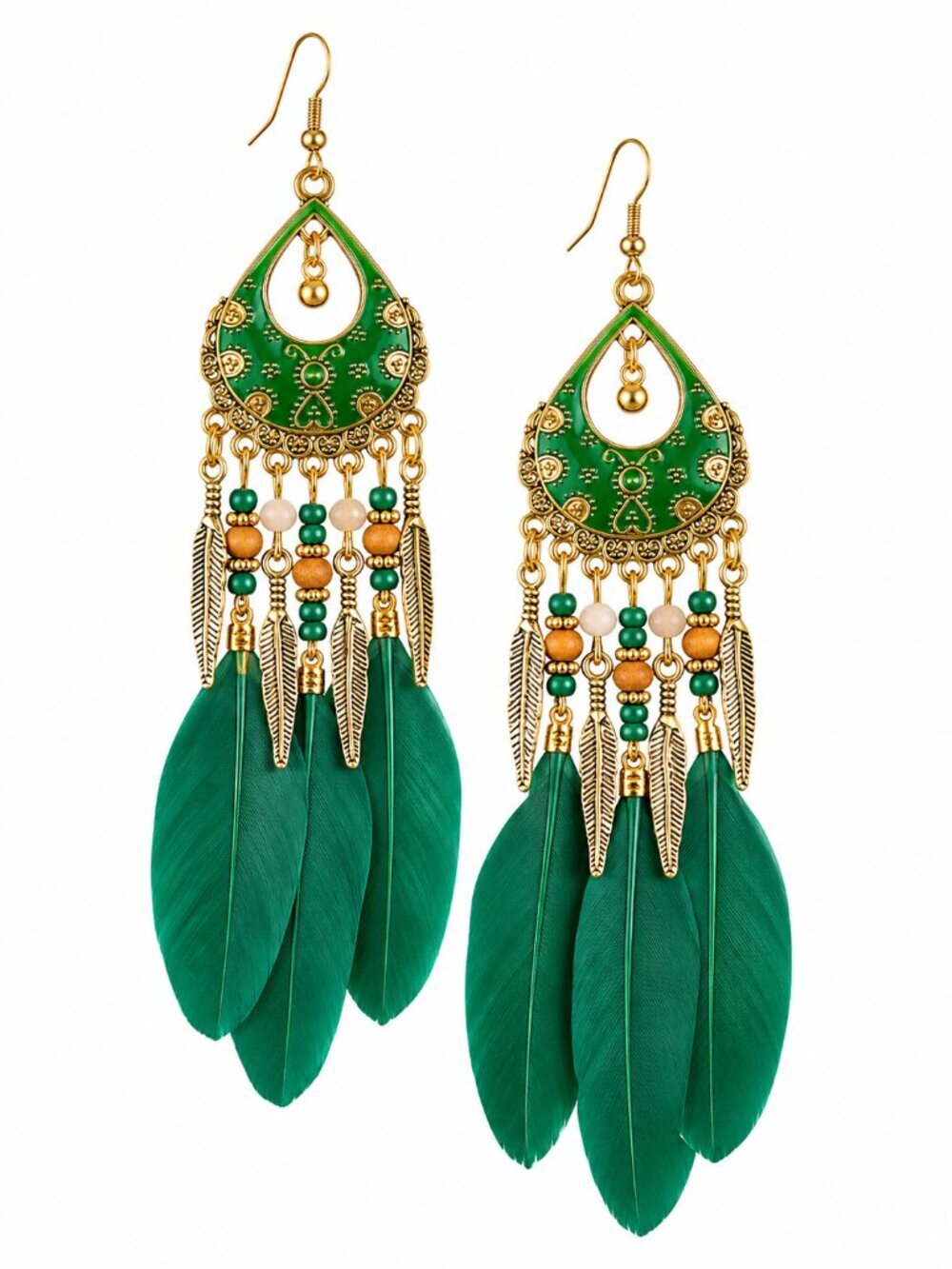 🆕 Boho Gold Tone Long Emerald Green Feather Dangle Earrings Statement NWOT